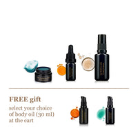 Cosmetic products including bottles and a dropper with a free gift offer on a white background.